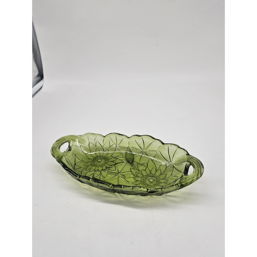 Vintage Indiana Glass Co. Relish Dish Pattern:LILY PONS Avocado Green Glass 9.5"